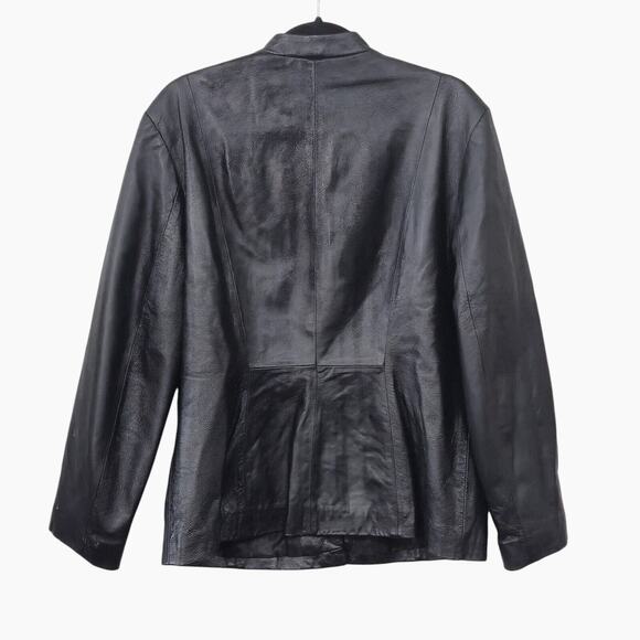 Newport News Women’s Leather Jacket L Retro Minimalist Genuine Black Button Down - Picture 2 of 8